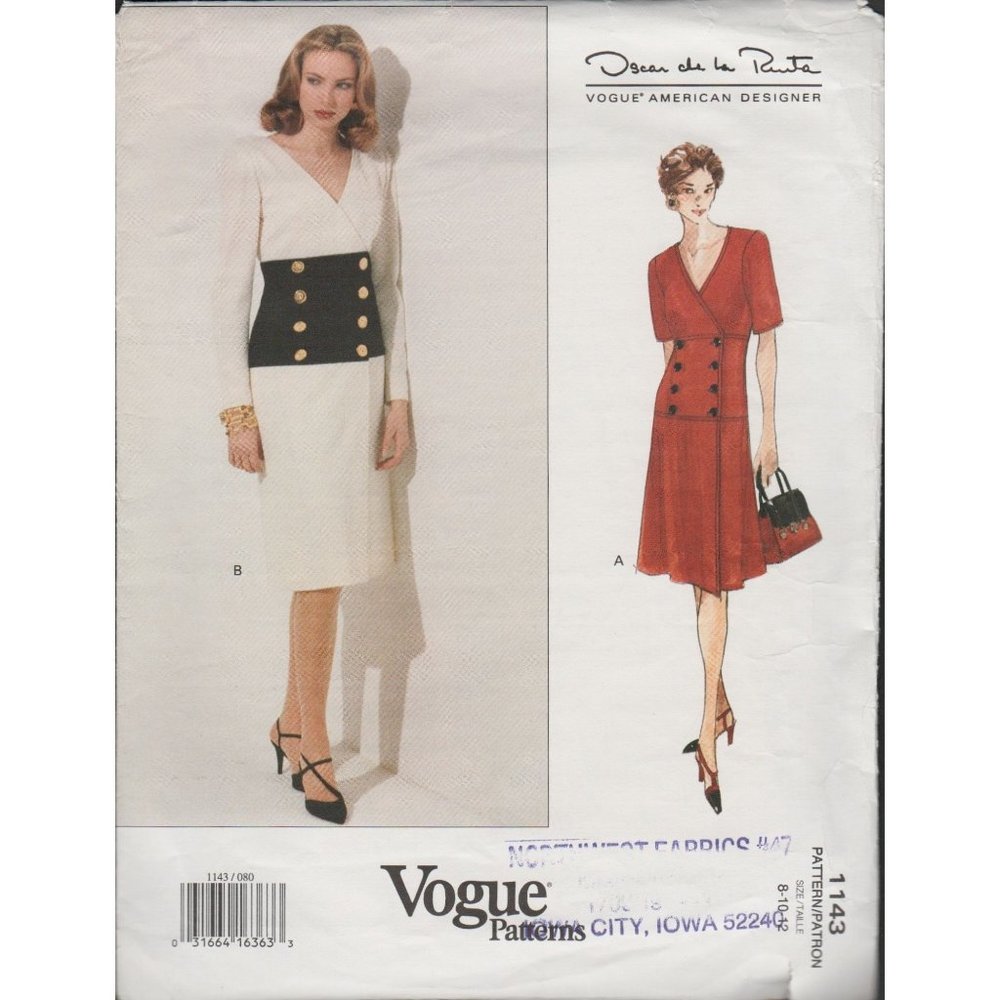 Vogue 1143 Oscar de la Renta Double Breasted Dress Pattern Size 8 10 12 Uncut